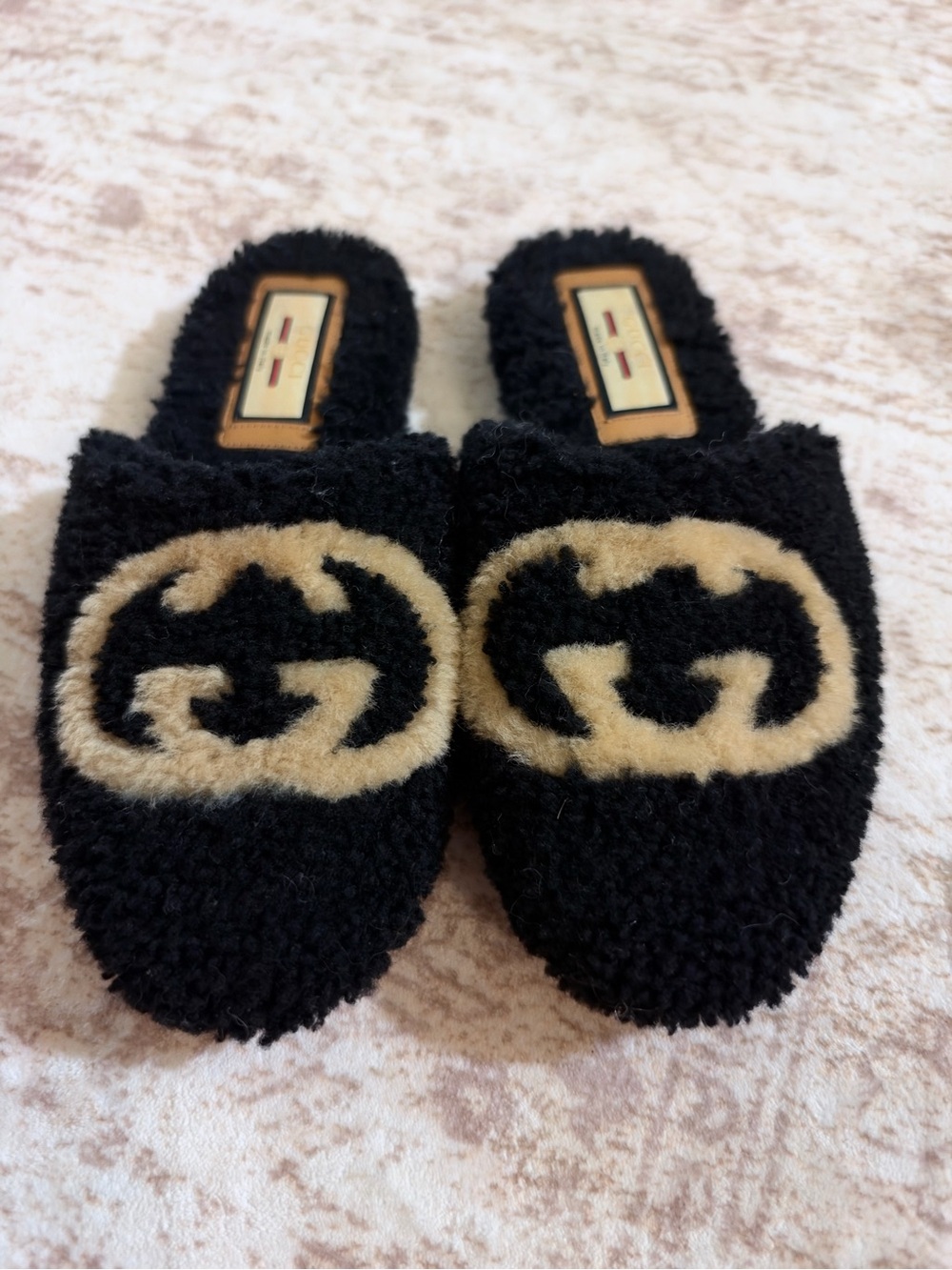 Gucci Black and Beige Fur Logo Mule Slides